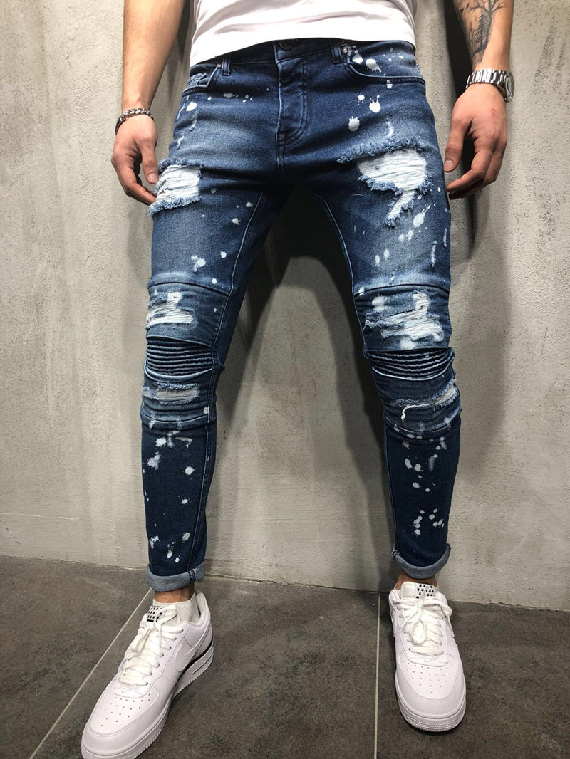 Blue Distressed Paint Detail Skinny Ripped Jeans in Blue Ripped