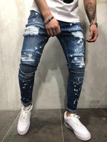 Blue Distressed Paint Detail Skinny Ripped Jeans
