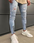 Premium Light Blue Destroyed Ripped Ankle Zipper Jeans