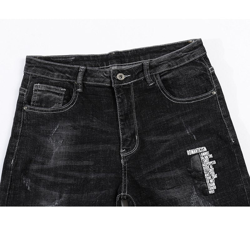 Skinny Ripped Letters Detail Tapered Jeans - Faded Black
