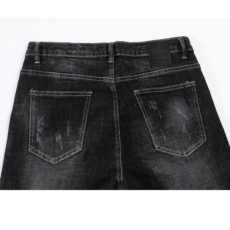 Skinny Ripped Letters Detail Tapered Jeans - Faded Black