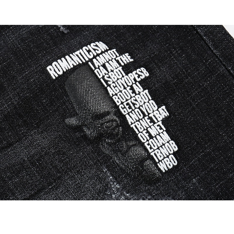 Skinny Ripped Letters Detail Tapered Jeans - Faded Black