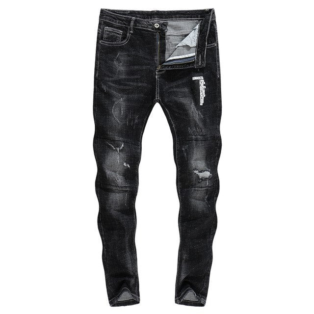 Skinny Ripped Letters Detail Tapered Jeans - Faded Black in Black
