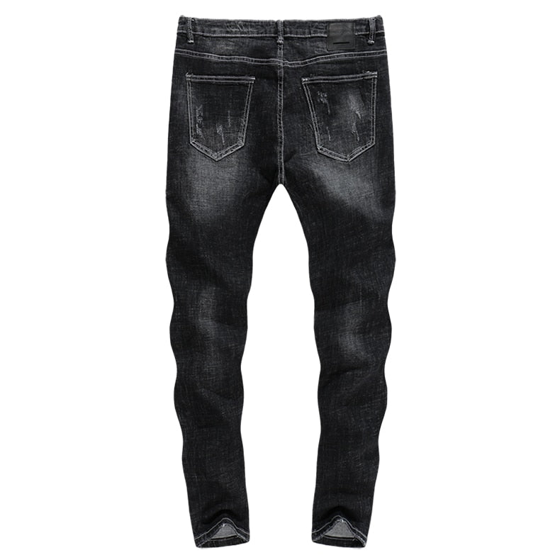 Skinny Ripped Letters Detail Tapered Jeans - Faded Black