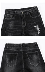 Skinny Ripped Letters Detail Tapered Jeans - Faded Black