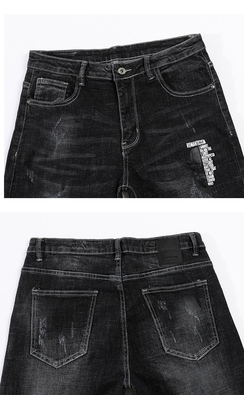 Skinny Ripped Letters Detail Tapered Jeans - Faded Black