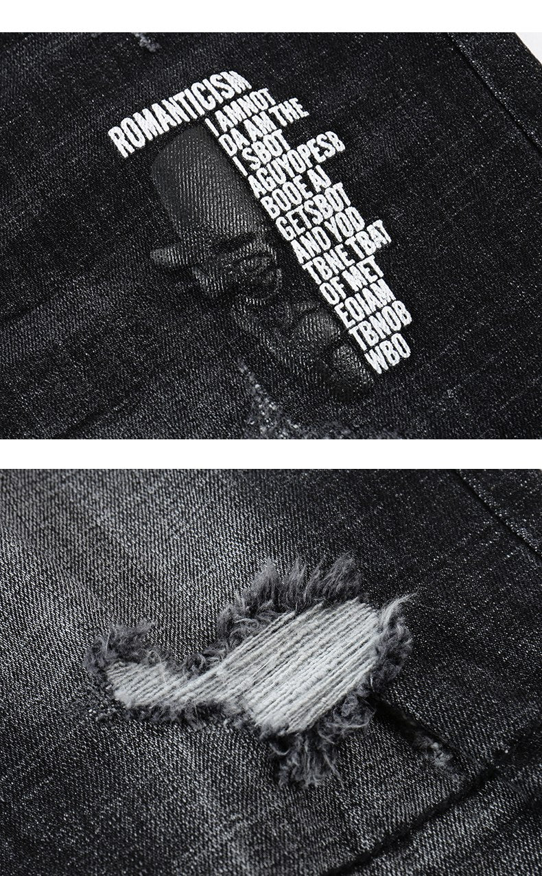 Skinny Ripped Letters Detail Tapered Jeans - Faded Black