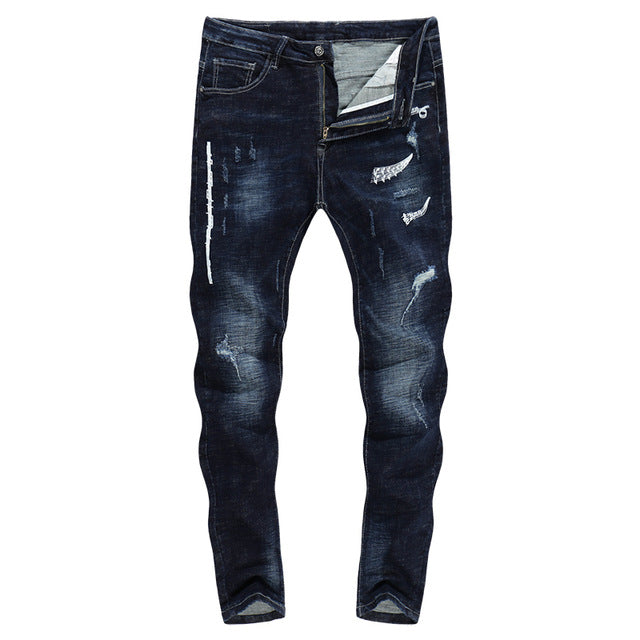 Skinny Ripped Musical Notes Tapered Jeans - Dark Blue in Dark Blue