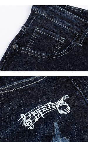 Skinny Ripped Musical Notes Tapered Jeans - Dark Blue