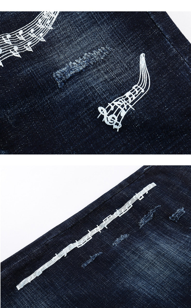 Skinny Ripped Musical Notes Tapered Jeans - Dark Blue