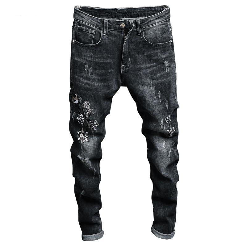 Skinny Flower Embroidered Tapered Jeans - Dark Grey
