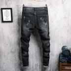 Skinny Flower Embroidered Tapered Jeans - Dark Grey