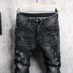 Skinny Flower Embroidered Tapered Jeans - Dark Grey