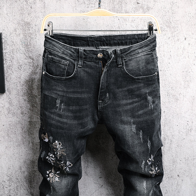 Skinny Flower Embroidered Tapered Jeans - Dark Grey