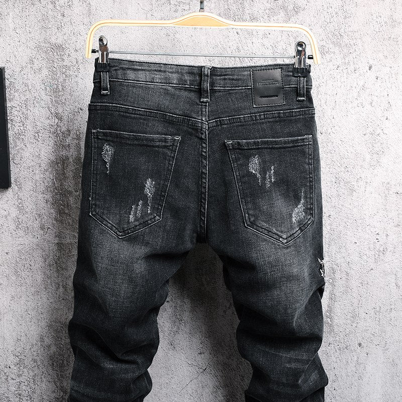 Skinny Flower Embroidered Tapered Jeans - Dark Grey