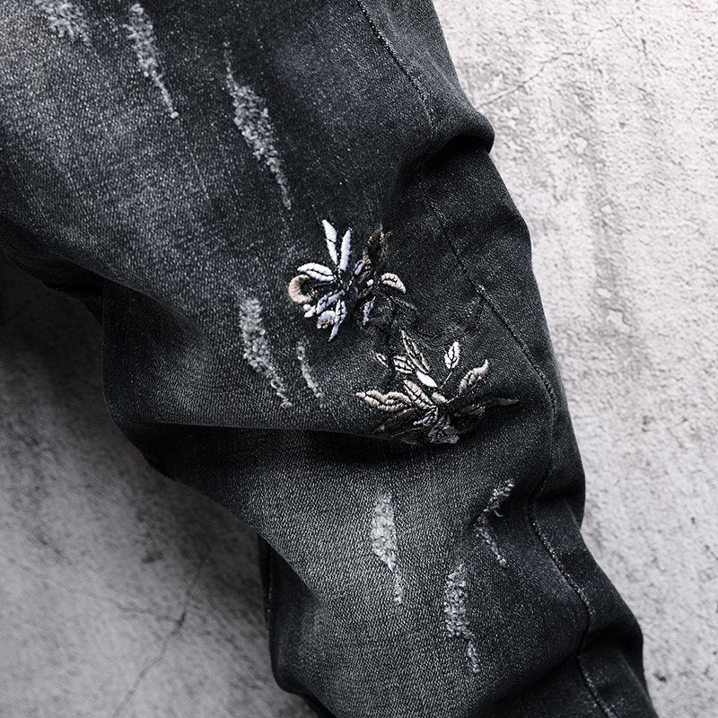 Skinny Flower Embroidered Tapered Jeans - Dark Grey