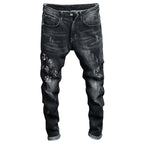 Skinny Flower Embroidered Tapered Jeans - Dark Grey in Dark Grey