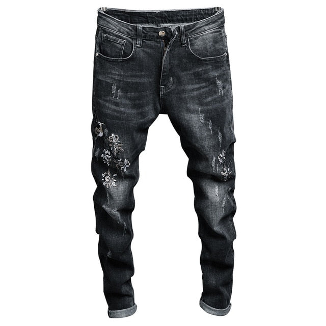 Skinny Flower Embroidered Tapered Jeans - Dark Grey in Dark Grey