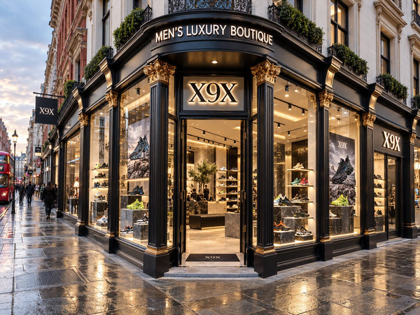 The Men’s Luxury Boutique X9X shop front on a rainy evening