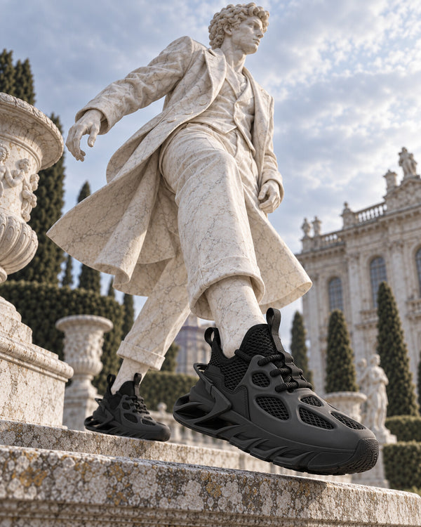 Marble statue wearing black X9X sneakers on a palace staircase