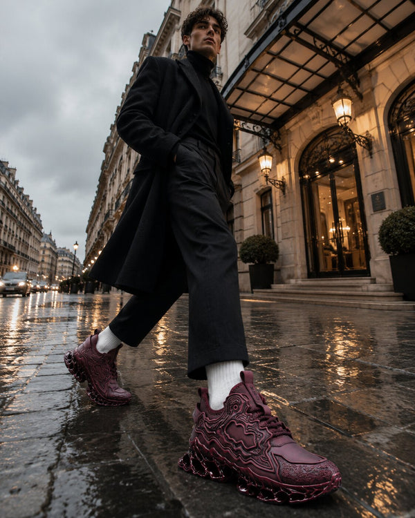 Apex Phantom X9X sneakers in Oxblood Red on a rainy Paris street